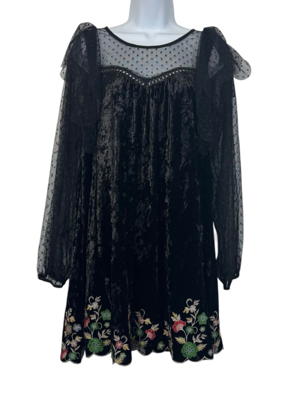 Umgee Black Velvet Embroidered Dress Sheer Polka Dot Sleeves Boho Babydoll Tunic